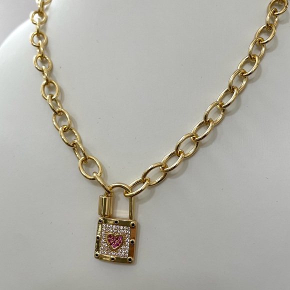 Heart Padlock Lock Charm Necklace with Oval Paperclip Link Carabiner - Picture 4 of 5